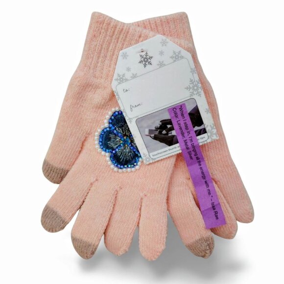 Lt. Pink Floral Embroidered Touchscreen Crystal & Pearl Knit Gloves TT1519 - Picture 4 of 4